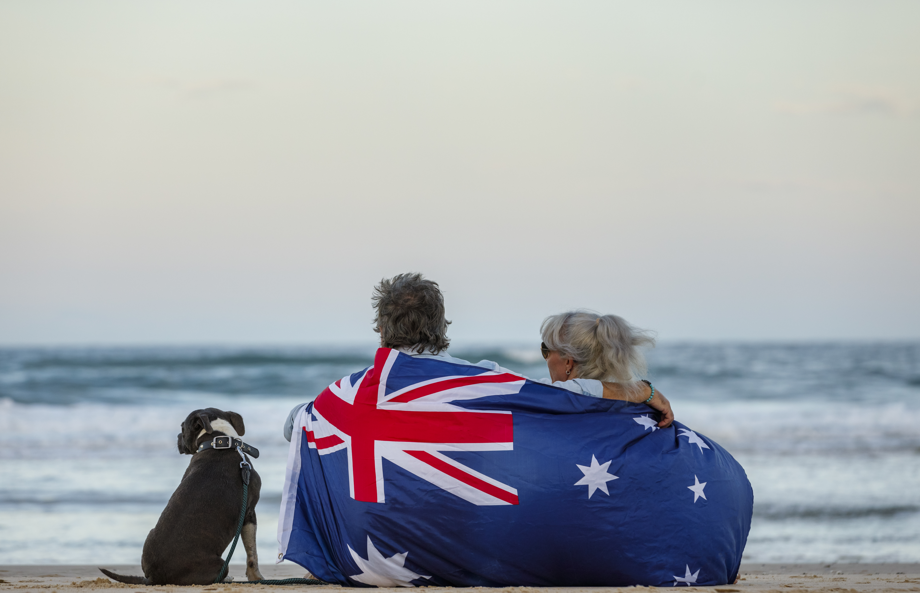 australia flag, family on beach